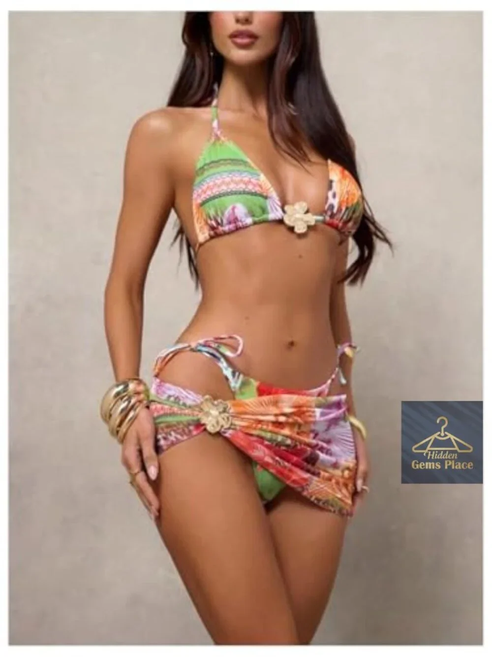 Sexy Boho 3 Piece Halter Bikini Set with Wrap Skirt, Cheeky Triangle Swimwear